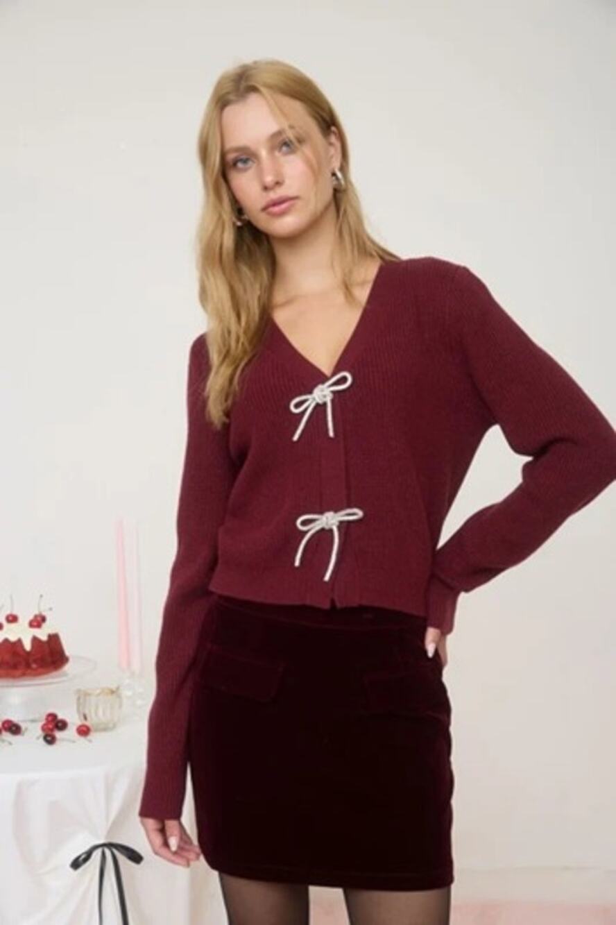 The Workshop Womens L Burgundy Rhinestone Bow Tie Front Cardigan Sweater